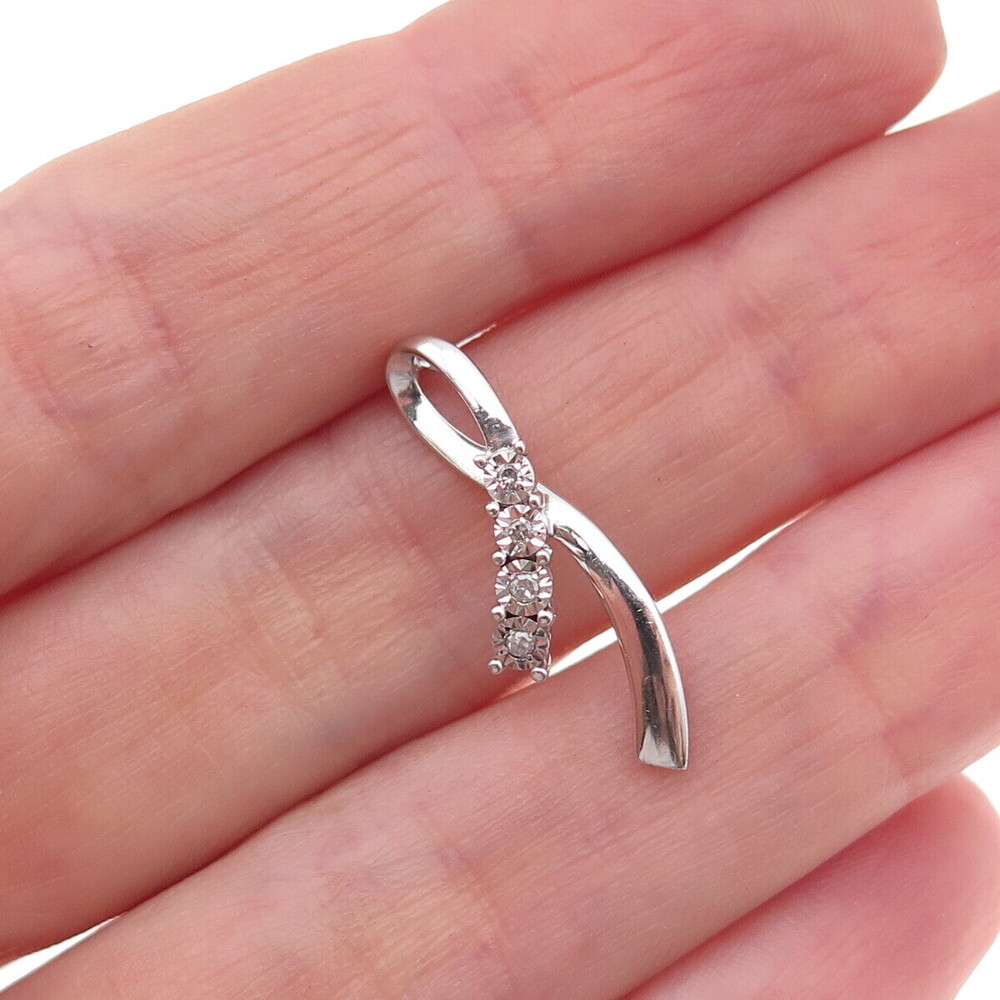 925 Sterling Silver Real Round-Cut Diamond Ribbon Slide Charm Pendant